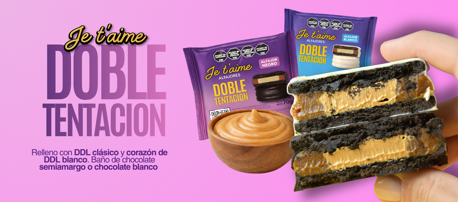 Doble Tentación: alfajor relleno con dulce de leche clásico y corazón de dulce de leche blanco, bañado en chocolate semiamargo o chocolate blanco
