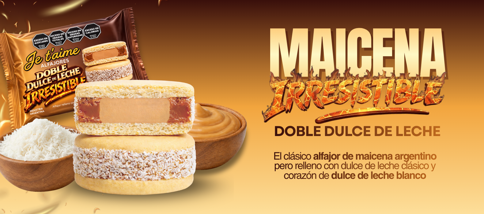 Maicena: alfajor relleno de dulce de leche y dulce de leche blanco, cubierto con coco rallado