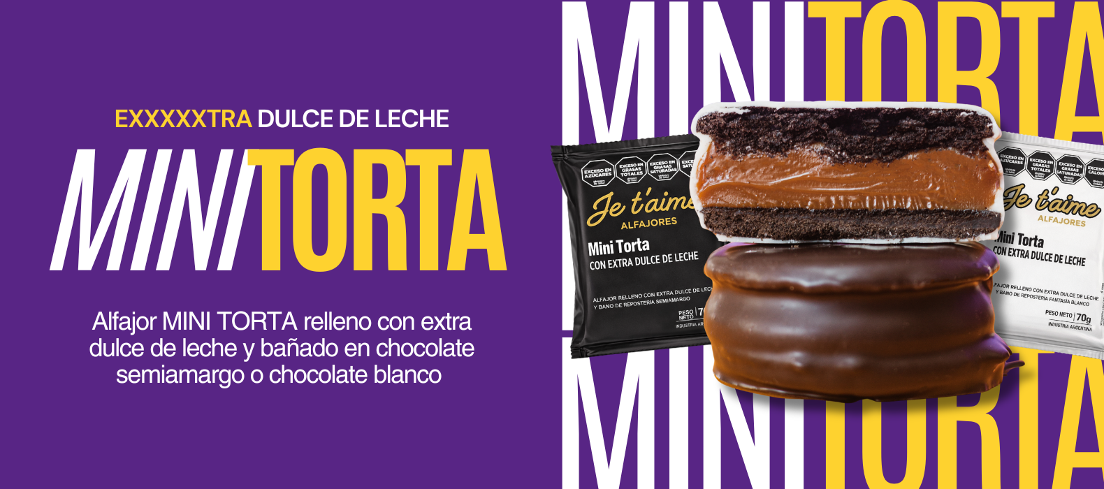 Minitorta: alfajor mini torta relleno con extra dulce de leche, bañado en chocolate semiamargo o chocolate blanco
