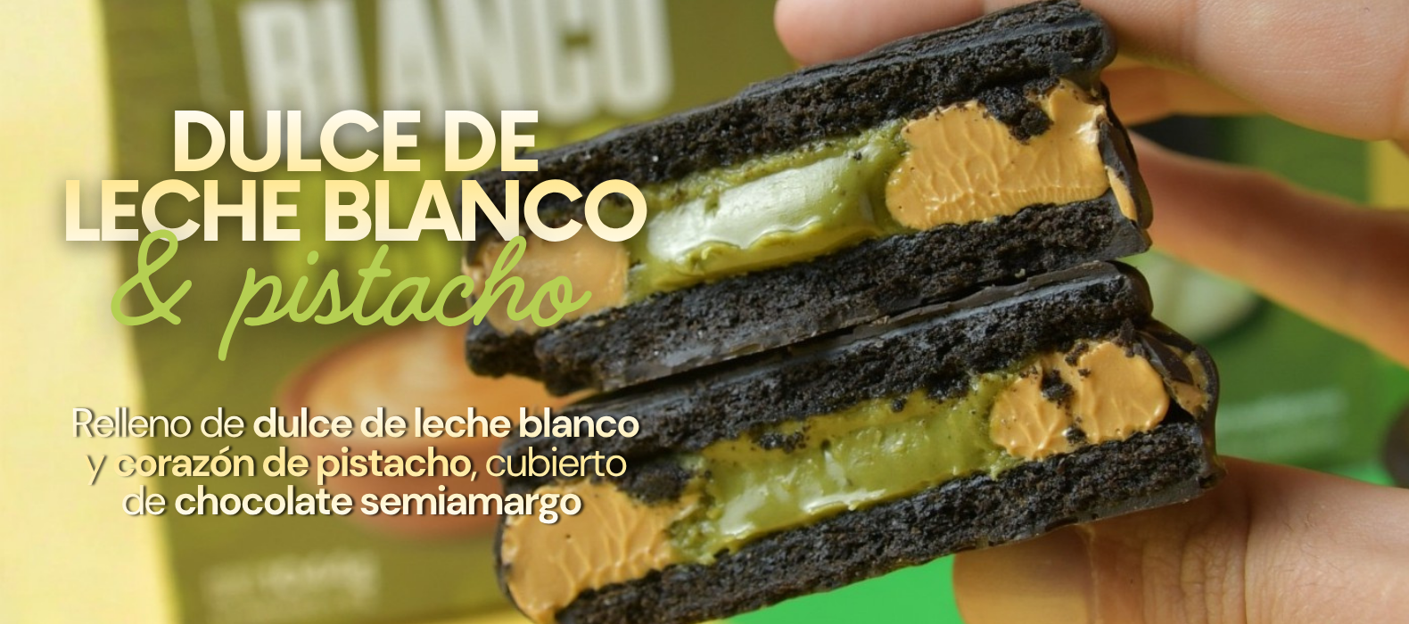 Pistacho: alfajor relleno de dulce de leche blanco con corazón de pistacho, cubierto de chocolate semiamargo